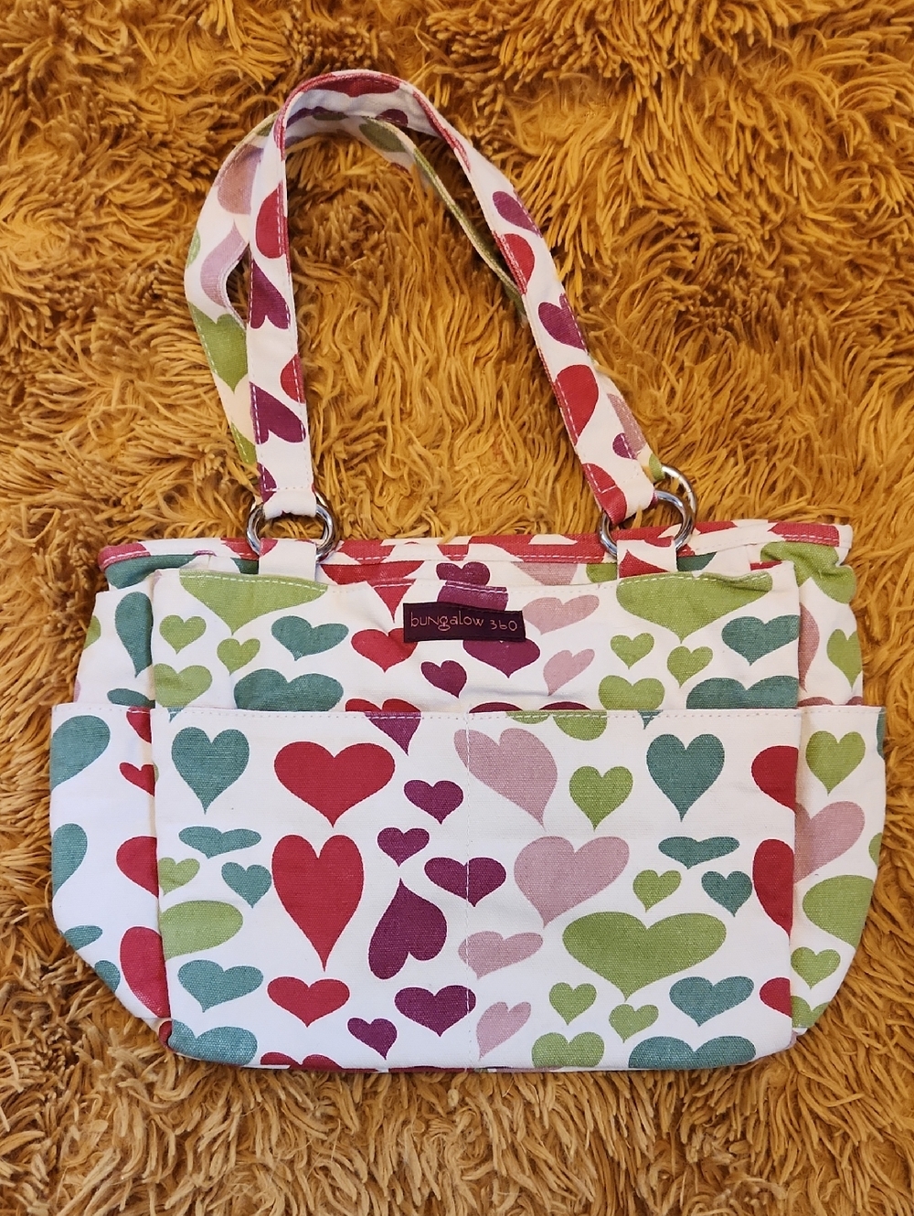 bungalow 360 Multicolor Heart-Print Tote in Red, Green, Teal, Pink, Purple